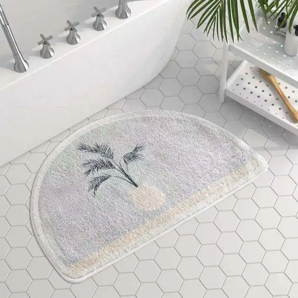 Ronde badmat grijs met plantmotief, antislip, voor badkamer.