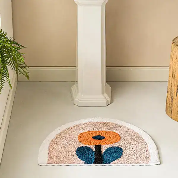 Ronde badmat wit met bloemmotief, antislip badkamermat voor douche.