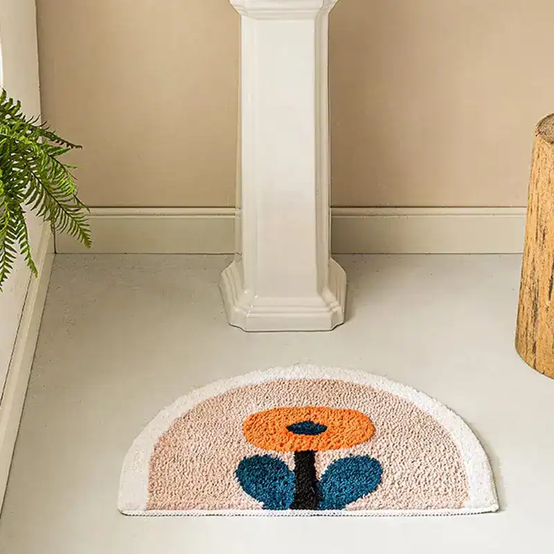 Ronde badmat wit met bloemmotief, antislip badkamermat voor douche.