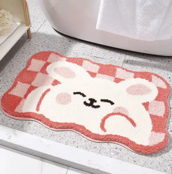 Badmat ruit met schattig berenmotief in roze en wit, antislip voor badkamer.