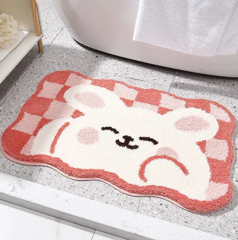 Badmat ruit met schattig berenmotief in roze en wit, antislip voor badkamer.