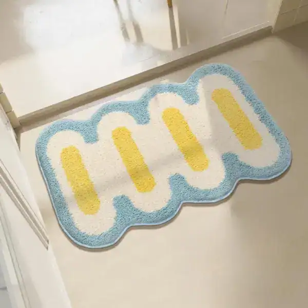 Smal badmat met blauwe en gele wol, antislip badkamermat voor de douche.