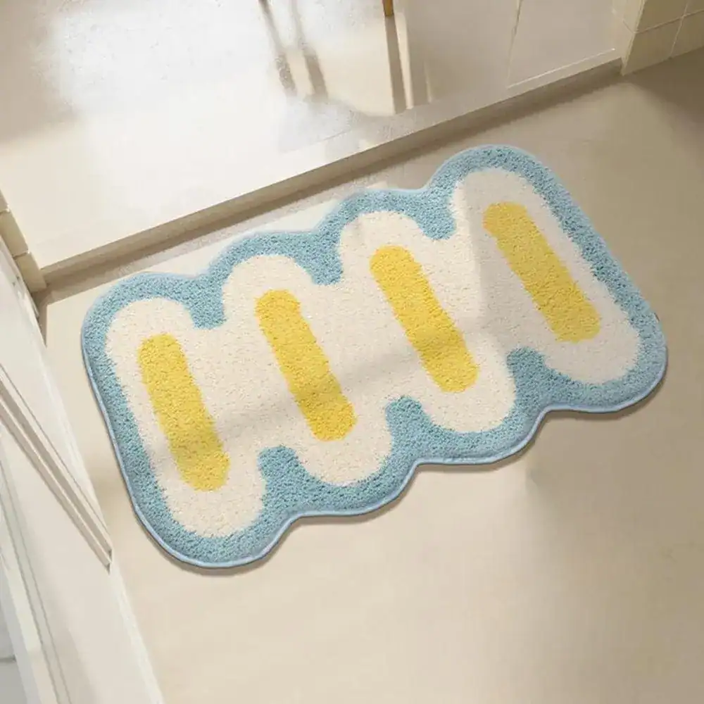 Smal badmat met blauwe en gele wol, antislip badkamermat voor de douche.