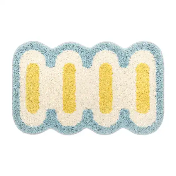 Smal badmat met blauwe rand en gele strepen, antislip badkamermat.
