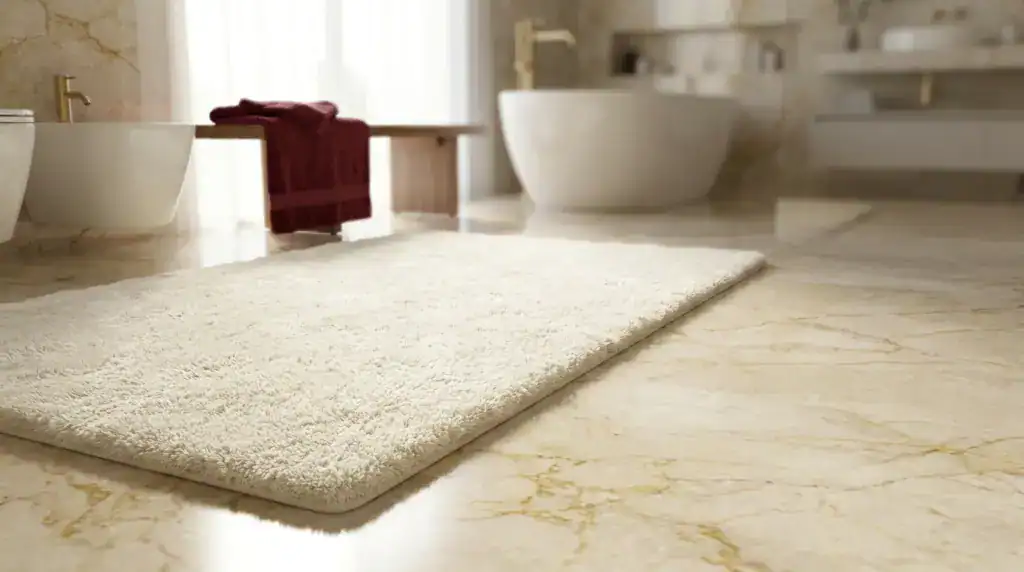 badmat ligt uitgespreid in een lichte, verzorgde badkamer