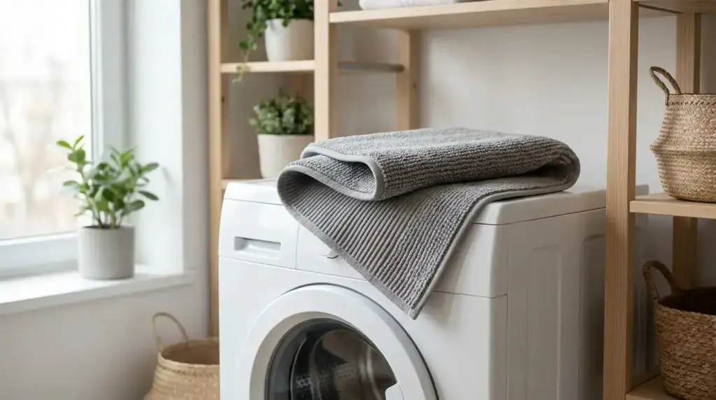 Grijze badmat met antisliponderkant naast een wasmachine in een lichte wasruimte