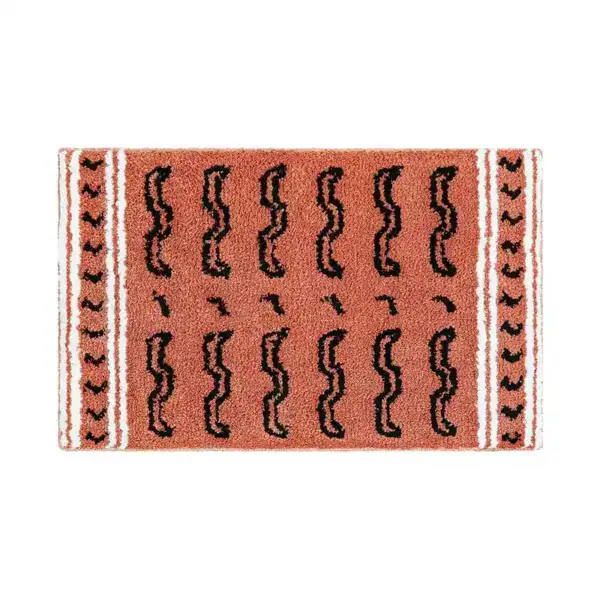 Badmat zwart beige met zigzag patroon en witte randen.