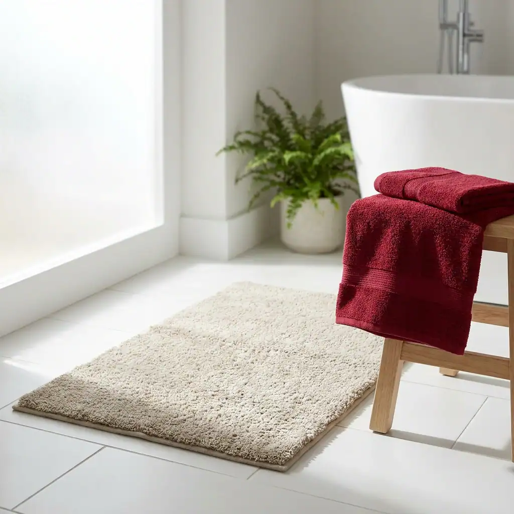 Beige badmat naast een houten krukje met een rode handdoek in een witte badkamer