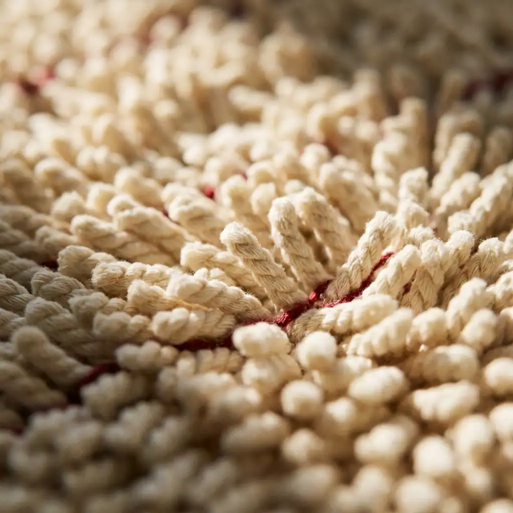 Detail van de dikke, zachte lussen van een crèmekleurige badmat