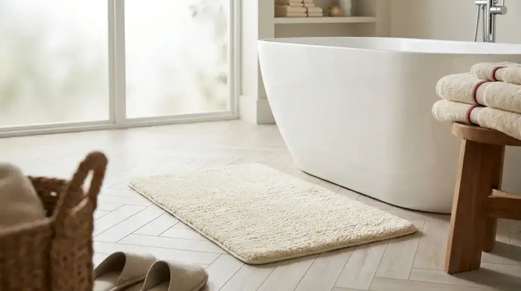Crèmekleurige badmat op visgraatparket voor een wit ligbad, met een mand en slippers