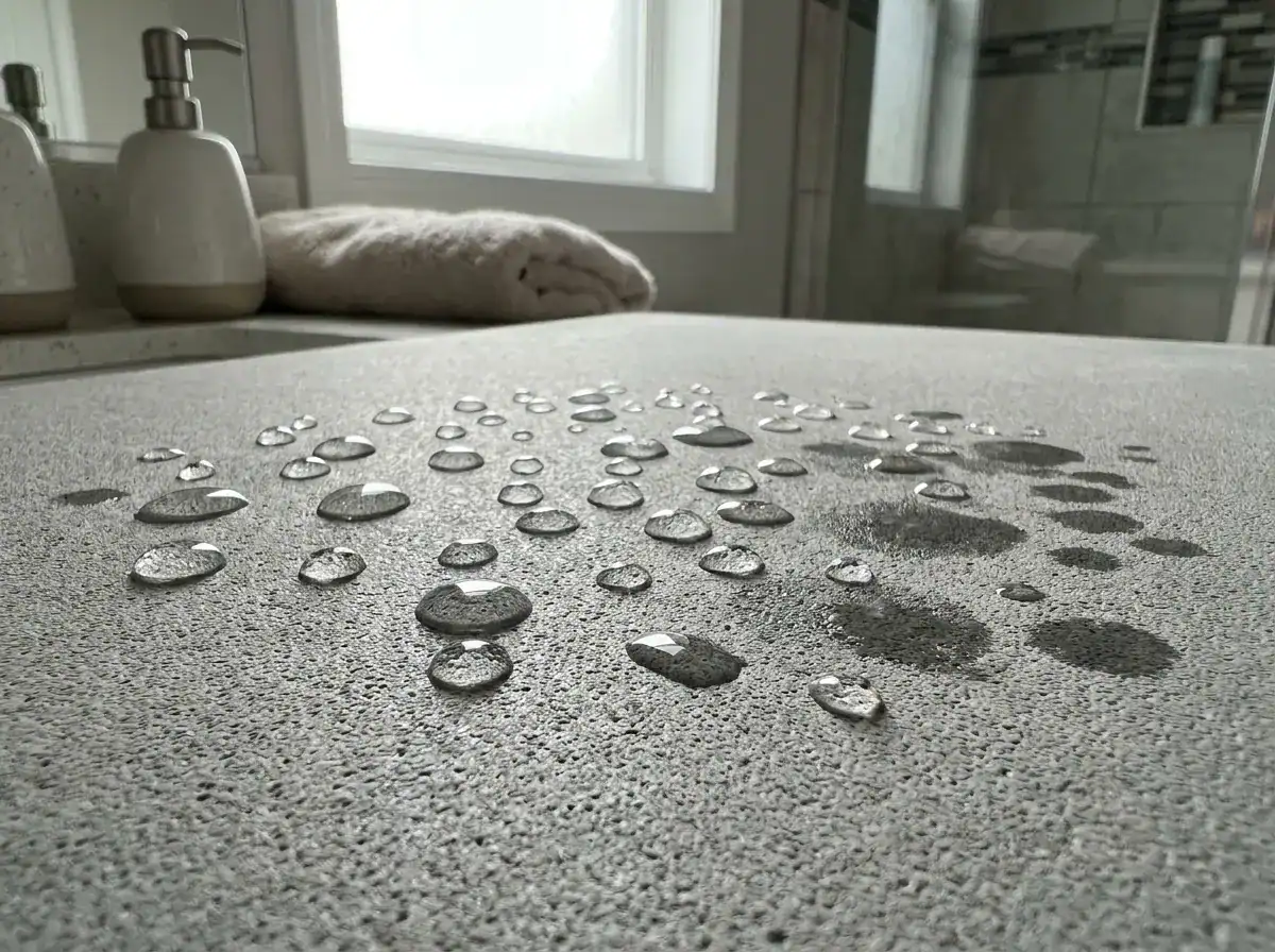 Waterdruppels op een grijze diatomietbadmat