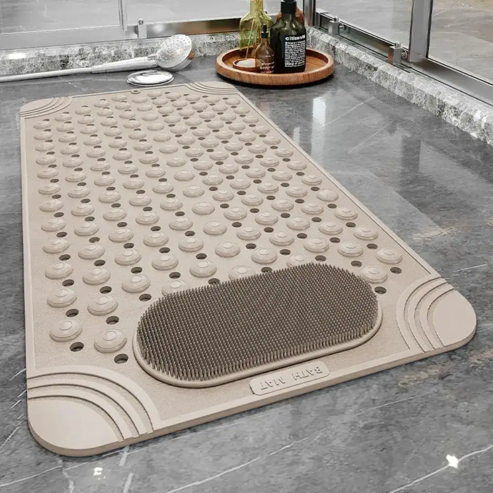Vierkante douchemat antislip met borstelzone, beige, voor badkamer.