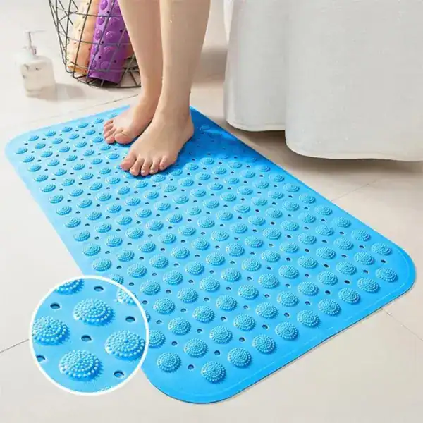 Blauwe rubber douchemat met antislip textuur voor badkamer.