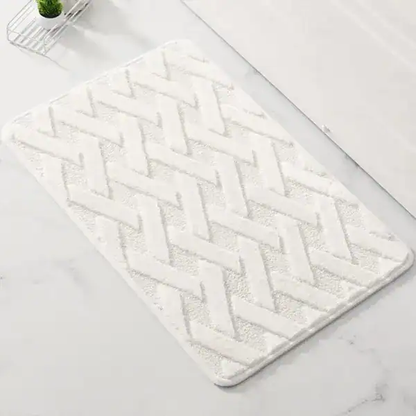 Wit geweven badmat met houten patroon, antislip, voor badkamer.