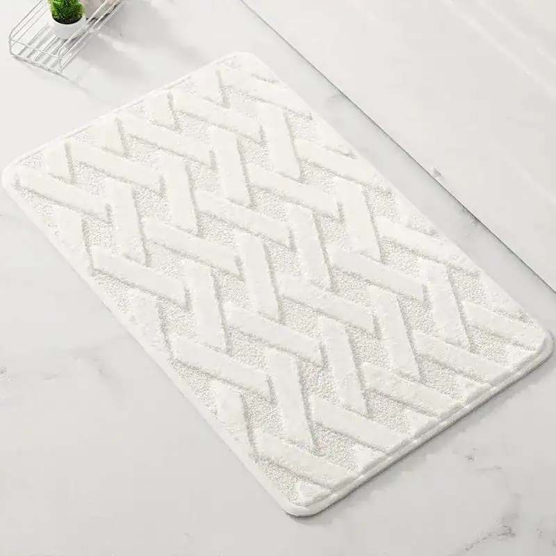 Wit geweven badmat met houten patroon, antislip, voor badkamer.