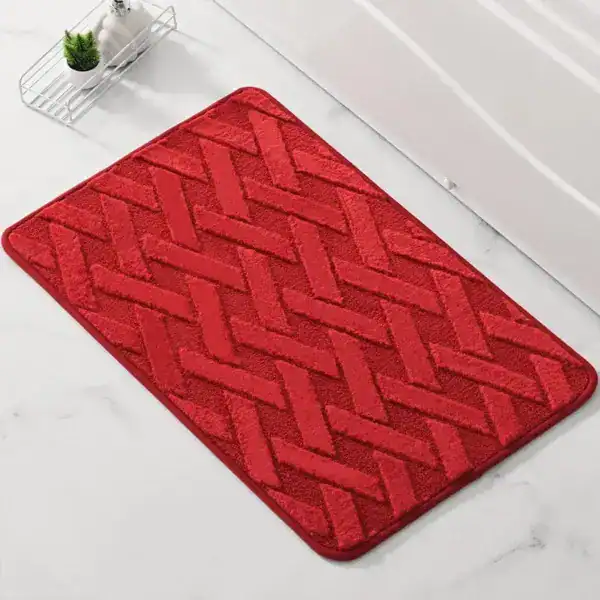 Rode geweven badmat met houten patroon, antislip, voor badkamer.