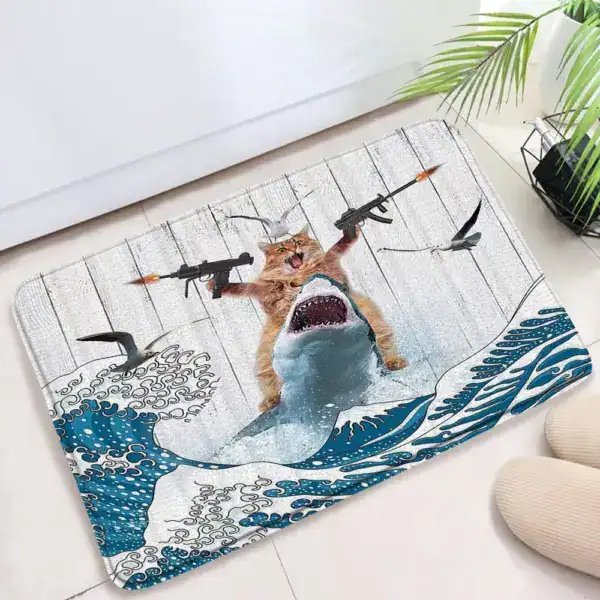 Badmat met kat en haai in oceaanscène, antislip badkamermat.