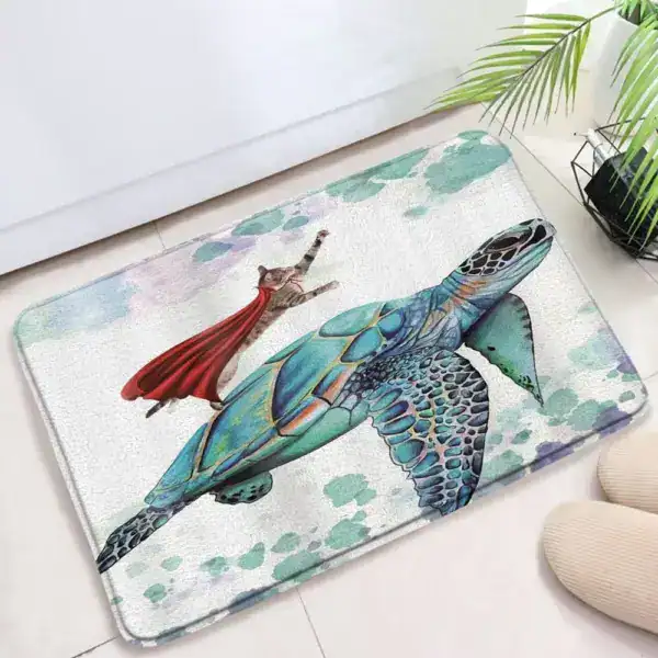 Badmat met superheldenkat op schildpad, antislip badkamermat voor huis.
