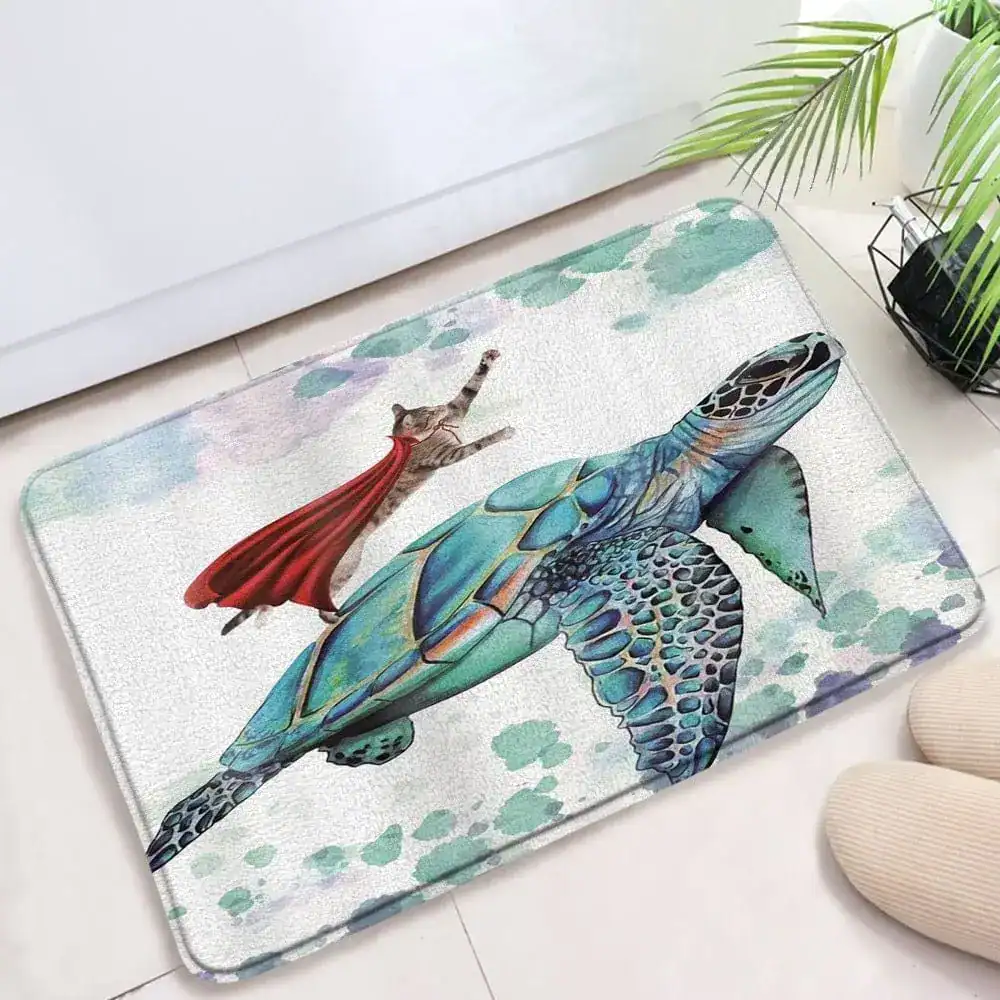 Badmat met superheldenkat op schildpad, antislip badkamermat voor huis.