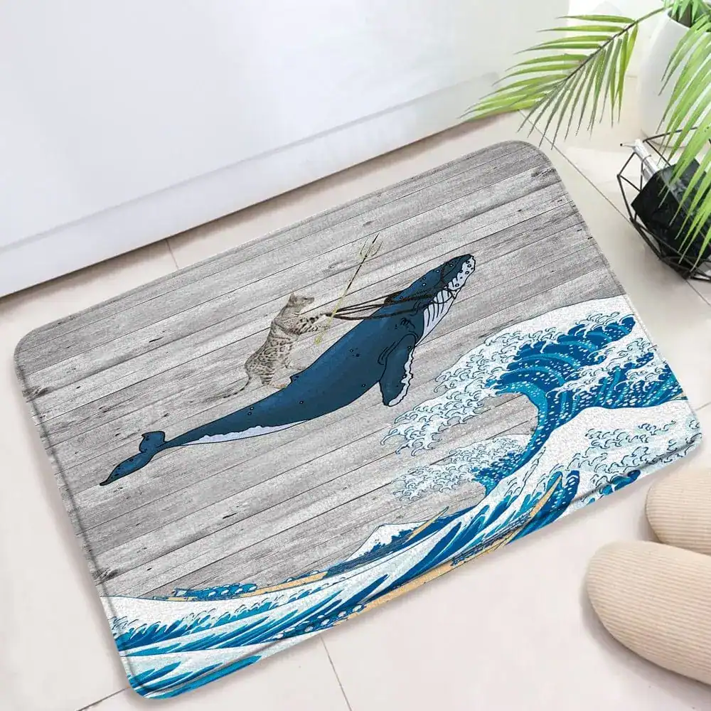 Badmat met kat op walvis in zee, antislip badkamermat.