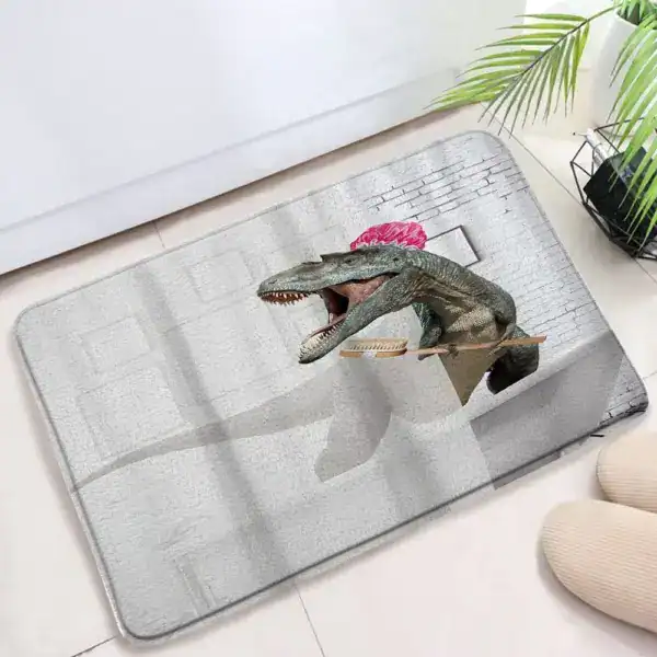 Dinosaurus badmat met tandenborstel en roze haarband, antislip badkamermat.