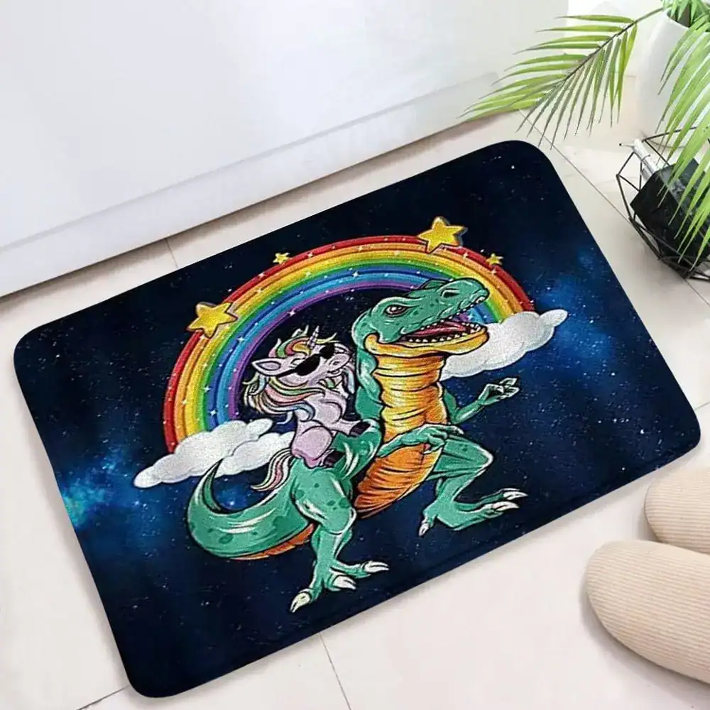 Badmat met dinosauriër en regenboog op donkerblauwe achtergrond, antislip badkamermat.