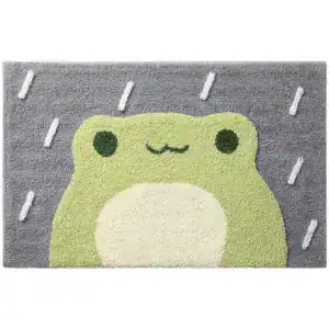 Hippe badmat met grappige kikker, grijs en groen, antislip badkamermat.
