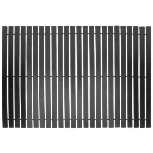 Zwarte houten badmat met slatontwerp, antislip voor badkamer en douche.