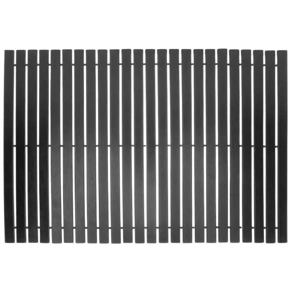 Zwarte houten badmat met slatontwerp, antislip voor badkamer en douche.
