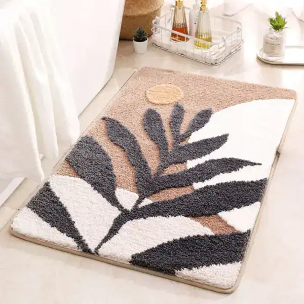 Japandi badmat met bladmotief, antislip, badkamermat voor moderne badkamer.