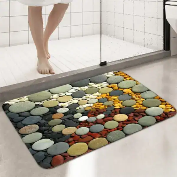 Badkamermat met mozaïekpatroon van kleurrijke stenen, antislip, voor douche en bad.