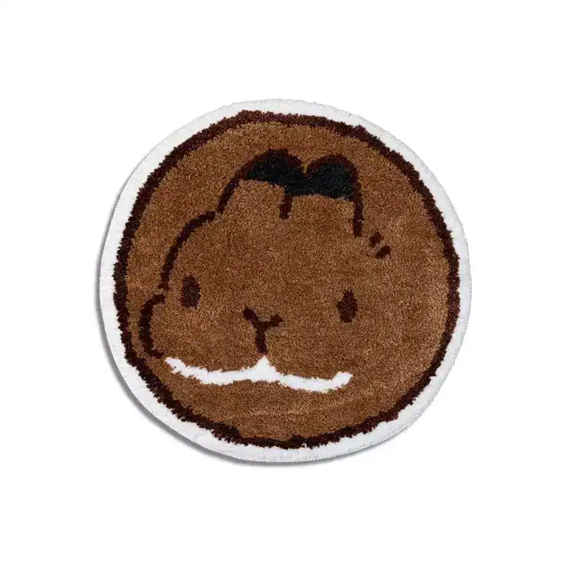 Ronde badmat met schattig konijnmotief, bruin en wit, antislip badkamermat.