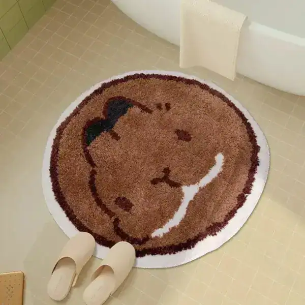 Ronde badmat met glimlachend dier, antislip, badkamer.