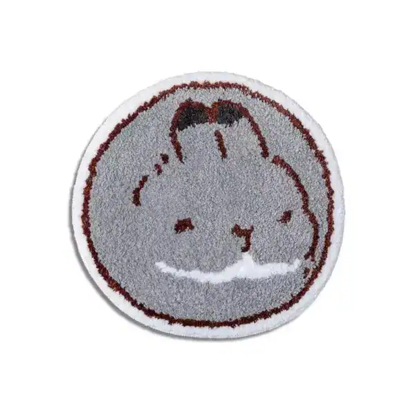 Ronde badmat met konijnmotief, grijs en bruin, antislip badkamermat.