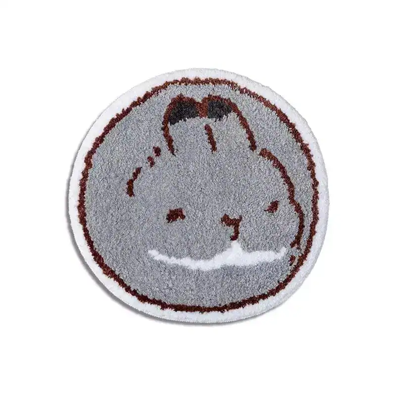 Ronde badmat met konijnmotief, grijs en bruin, antislip badkamermat.