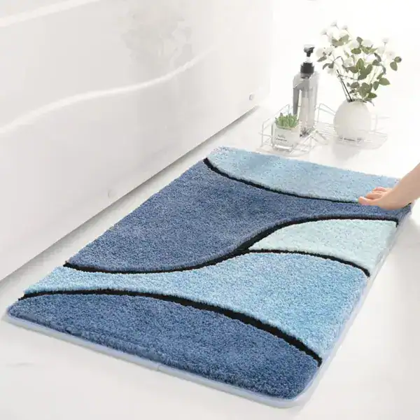 Vintage badmat in blauwe tinten met zwart accent, antislip, voor badkamer.